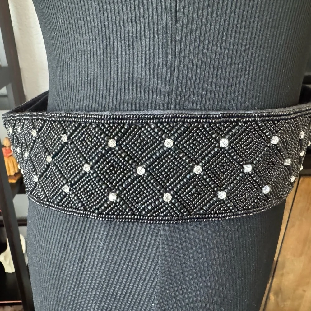 Magid Black Beaded Belt with Rhinestones